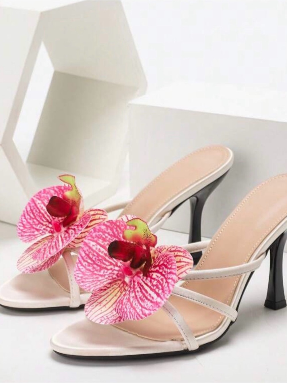 Floral Accent White High-Heel Slide Sandals